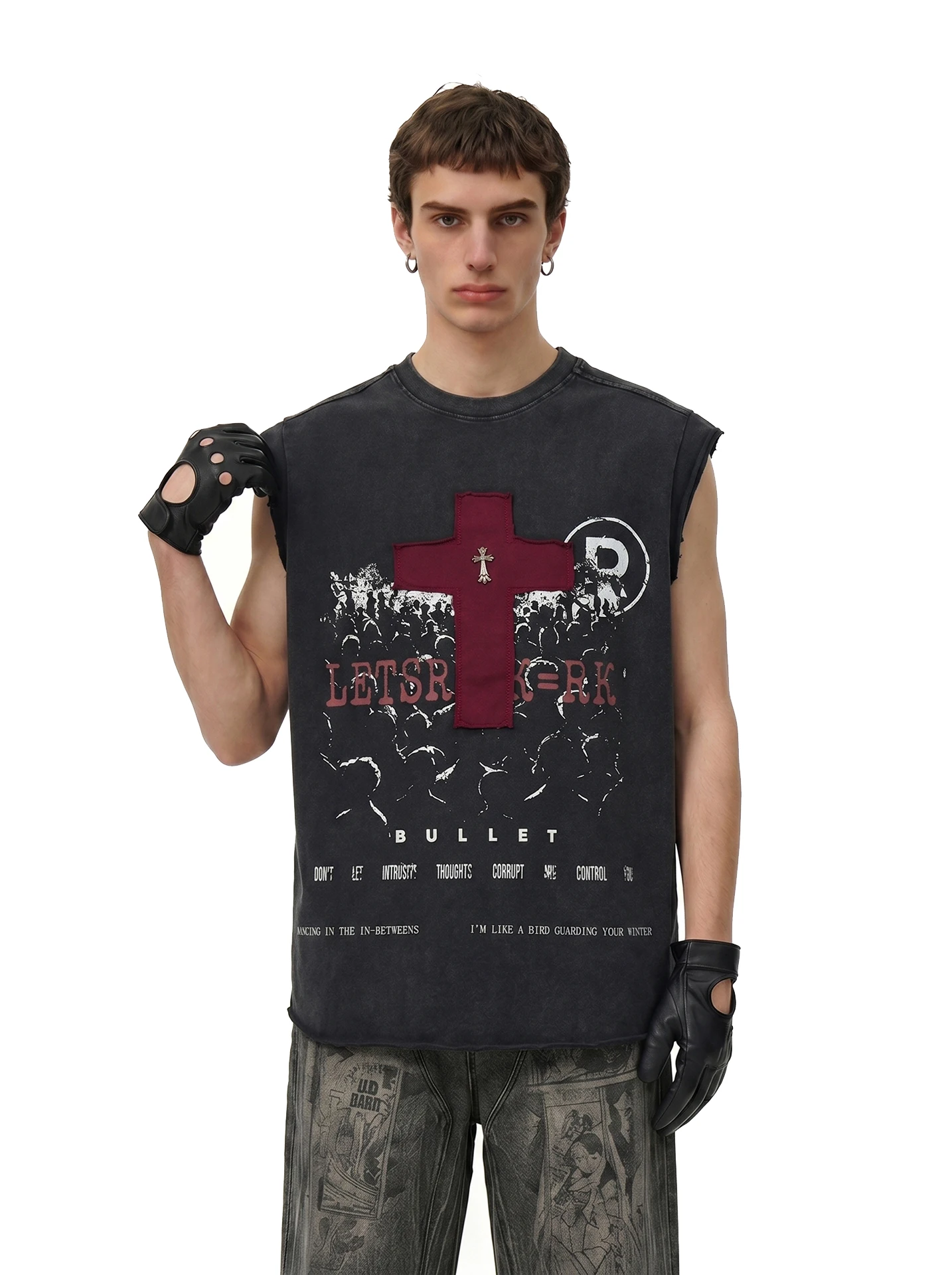 BETEBULE American Cross Stitched Print Loose Sleeveless Men's Tank Top Fashionable Casual Breathable Summer T-Shirt