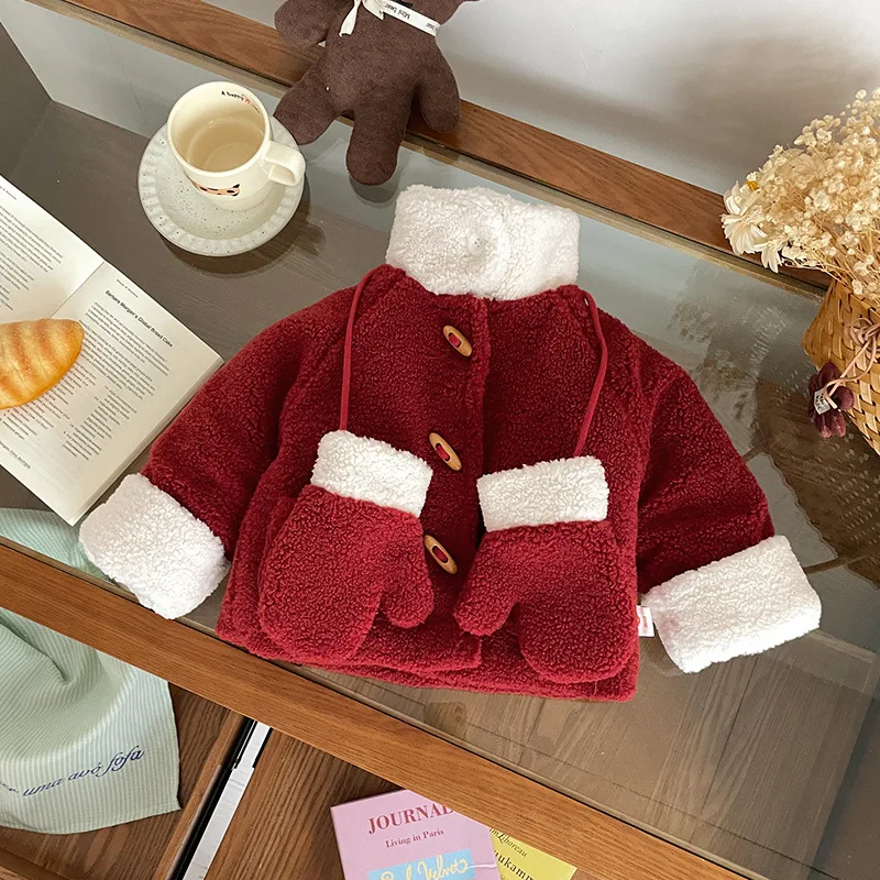 Christmas Girls Velvet Warm Red Cotton Coat Autumn Winter New Kids Thickened Horn Buckle Loose Outerwear Send Gloves