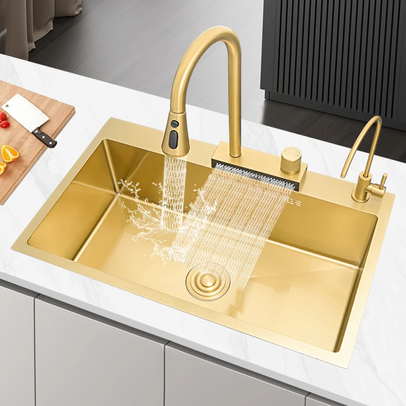 Waterfall 304 Single Bowl Kitchen Sink With Drain Board Gold Customizable Two Holes Stainless Steel Multifunctional