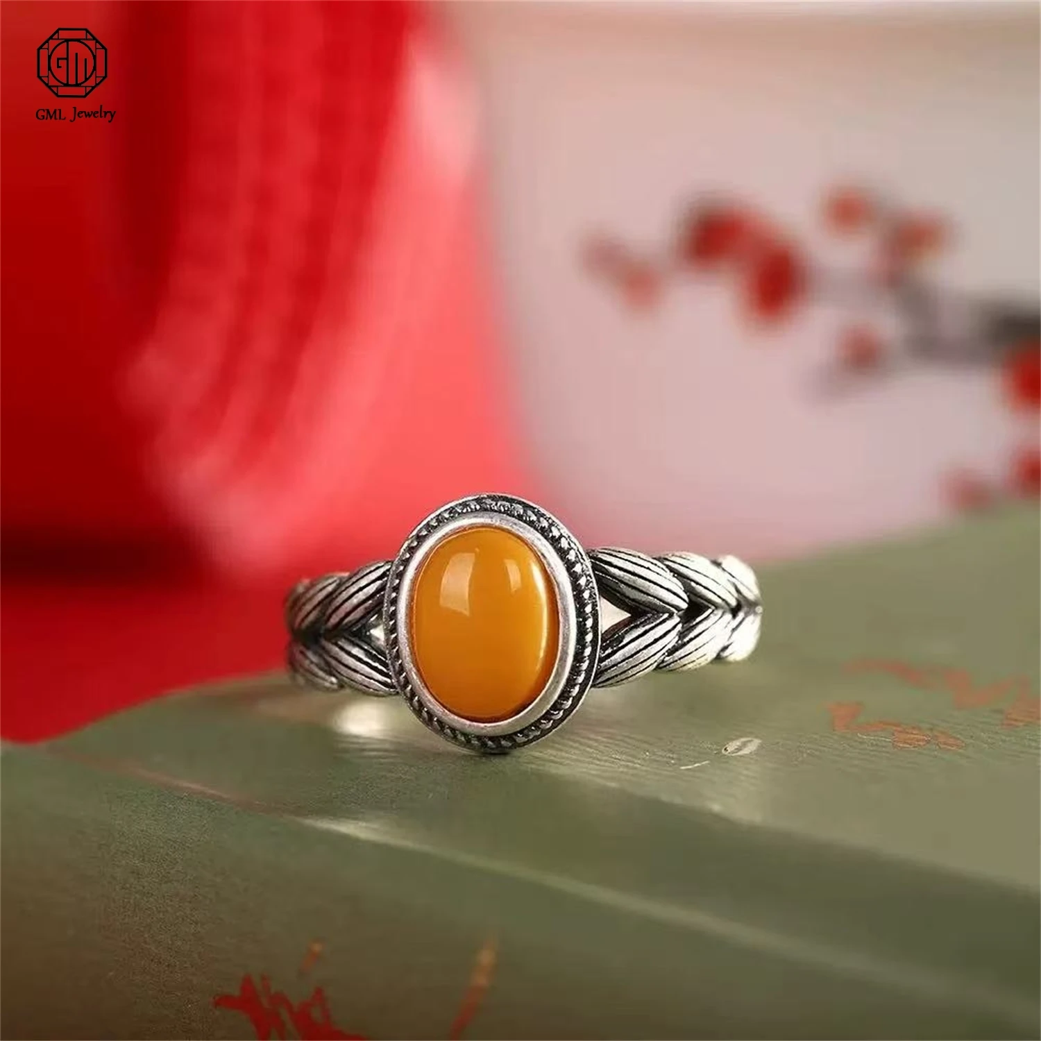 Natural Amber Auspicious Cloud 925 Silver Ring Women Light Luxury Vintage Open Adjustable Index Finger Exquisite Jewelry Gift