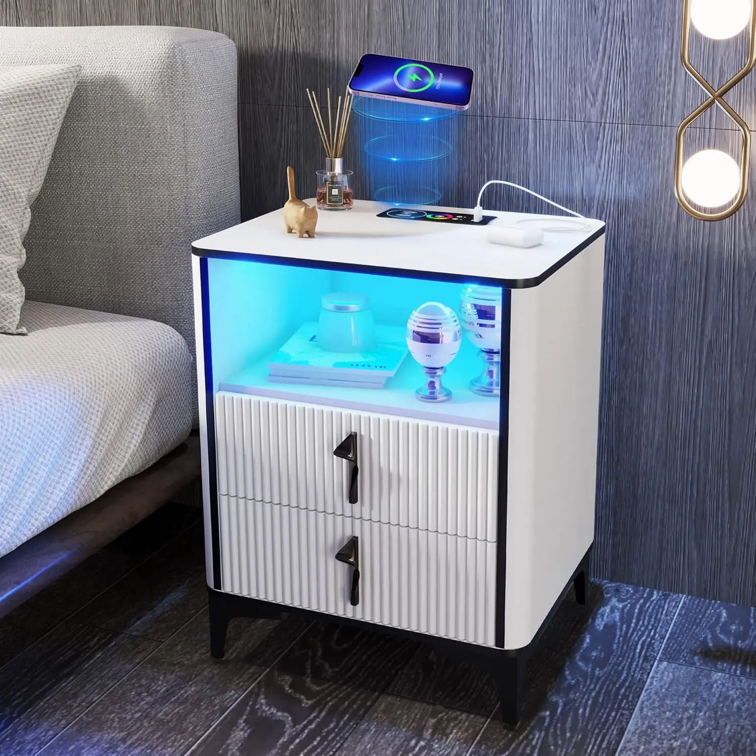 

RGB Nightstand with Wireless Charging Station,USB & Type-C Port,Night Stand for Bedroom,Modern Bedside Table