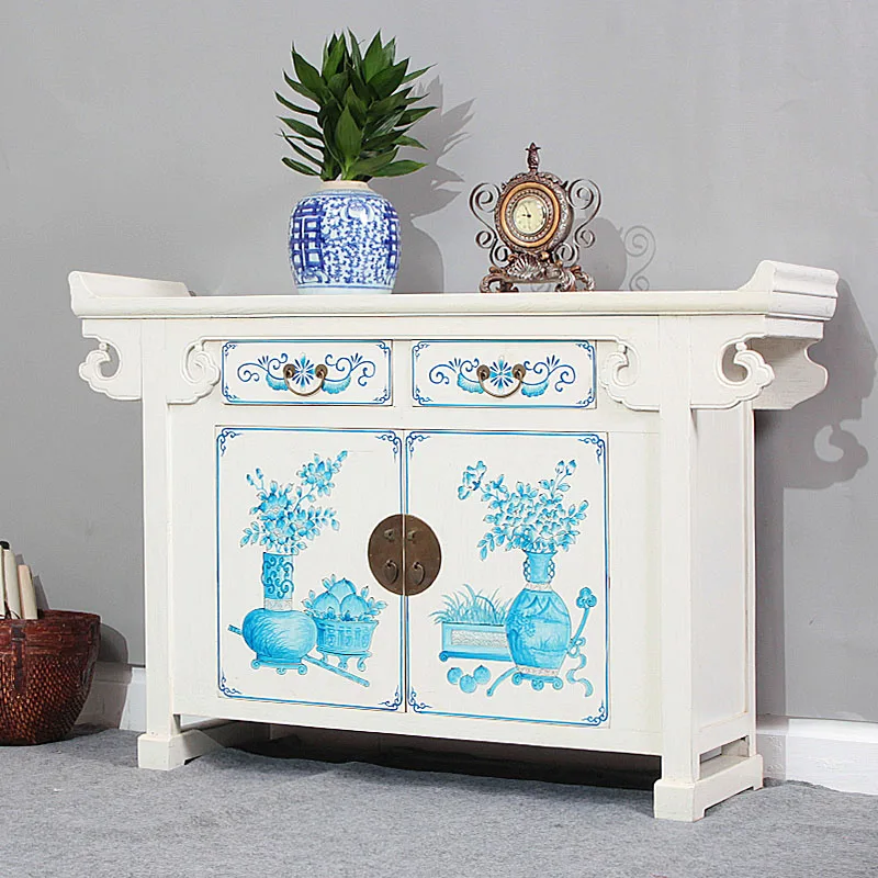 New Chinese-style solid wood painted porch cabinet living room warped antique furniture storage partition table