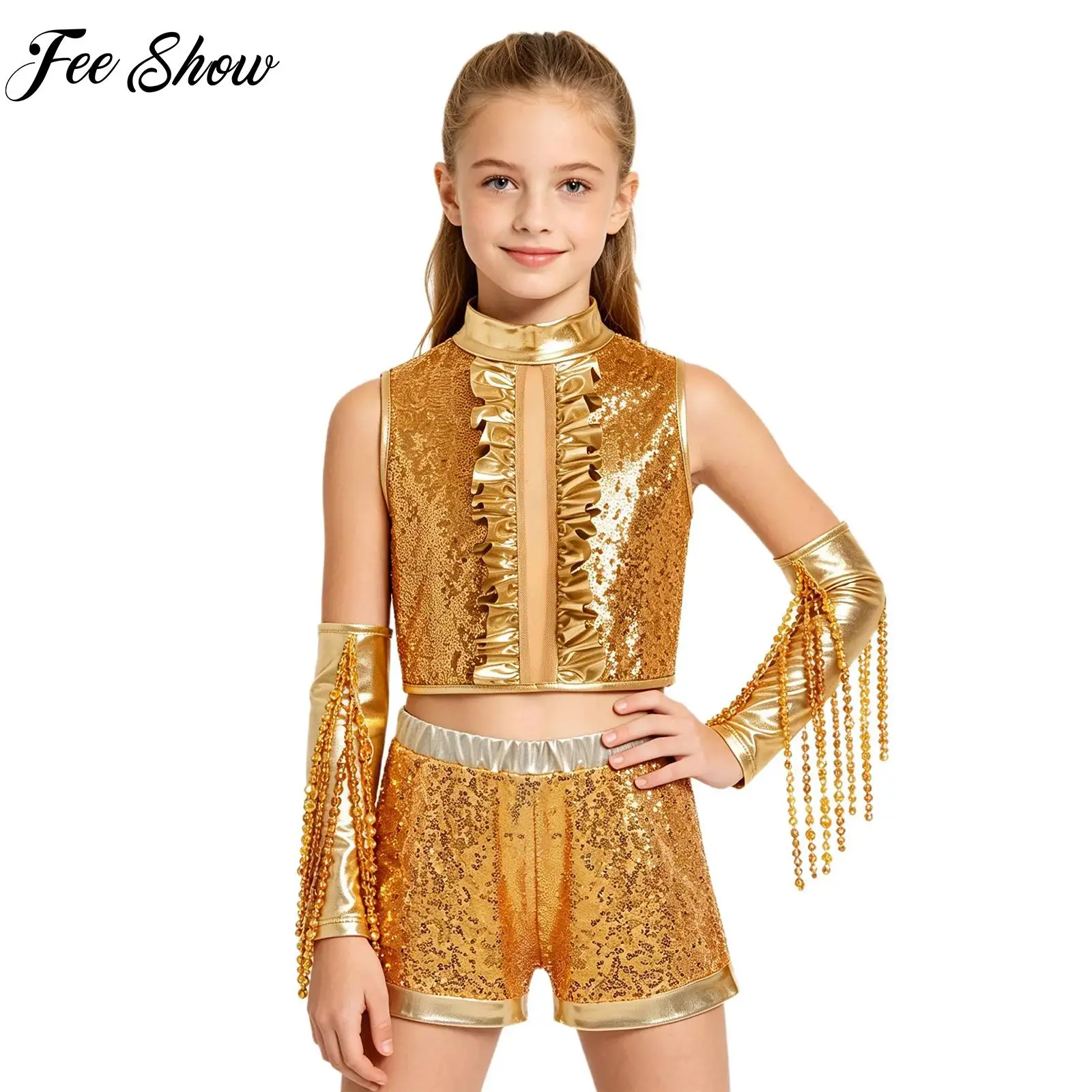 Kids Girls Jazz Samba Dance Performance Outfits Sparkly Sequin Metallic Crop Top with Shorts And Gloves Cheer Modern Dancewear