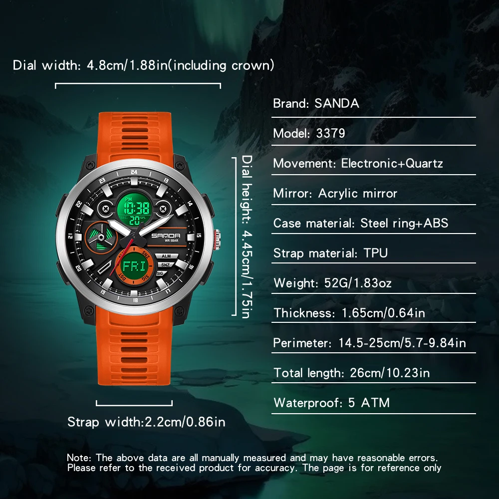 SANDA 3379 Sport Digital Military Wristwatch for Men Alarm Stopwatch Light Dual Time Display Waterproof Watch Men reloj hombre