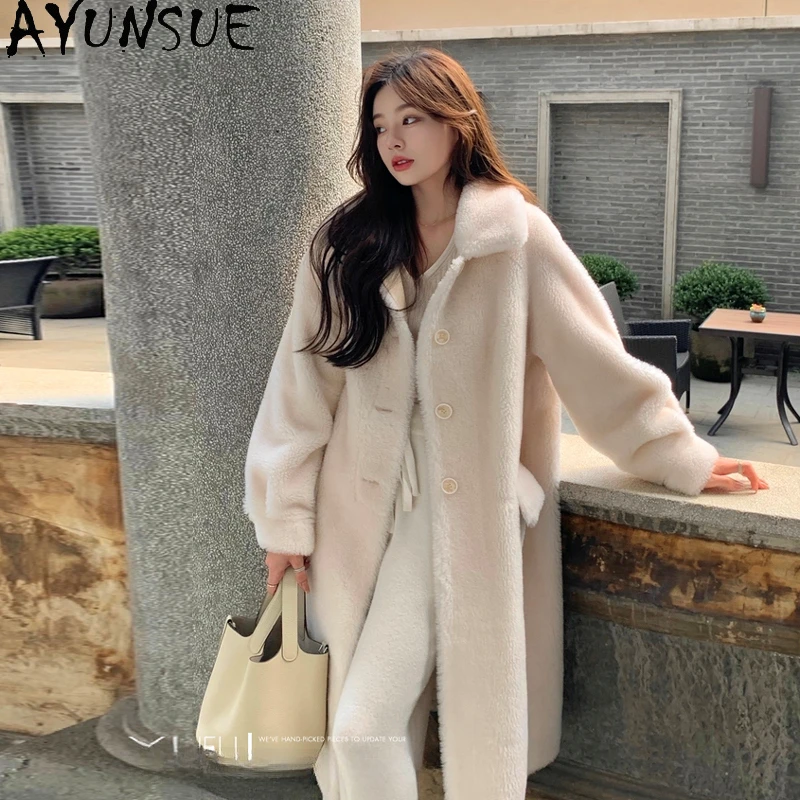 

AYUNSUE High-street Sheep Shearing Jacket for Women 2023 Autumn Winter Long 100% Wool Coats Female Fur Coat Chaquetas Para Mujer