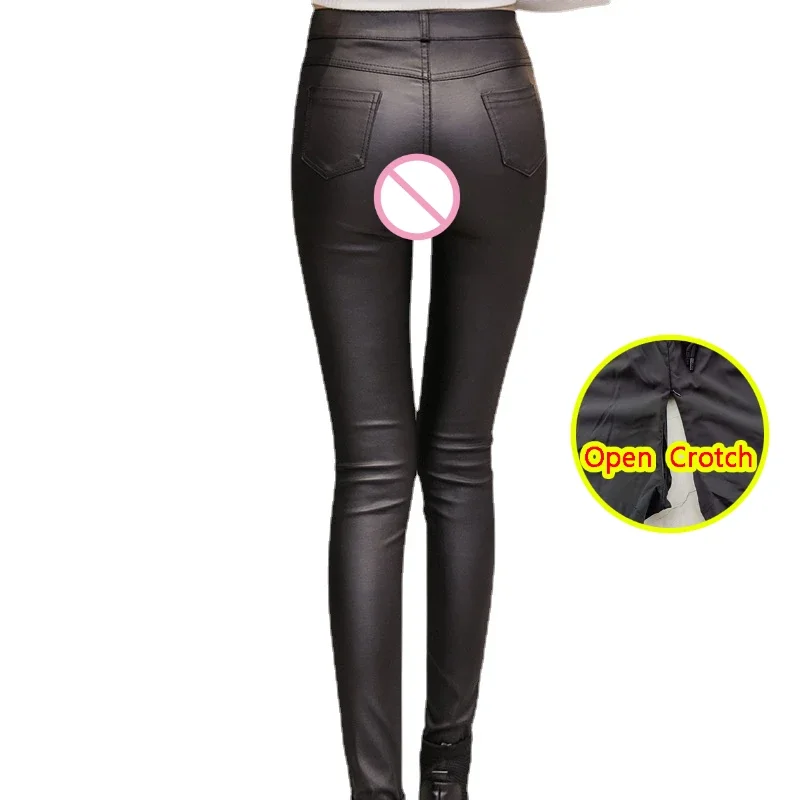 Leggings Sexy en cuir PU noir pour femmes, pantalon sans entrejambe, taille haute, Sport, slim, respirant, élastique, culotte sexuelle en plein air