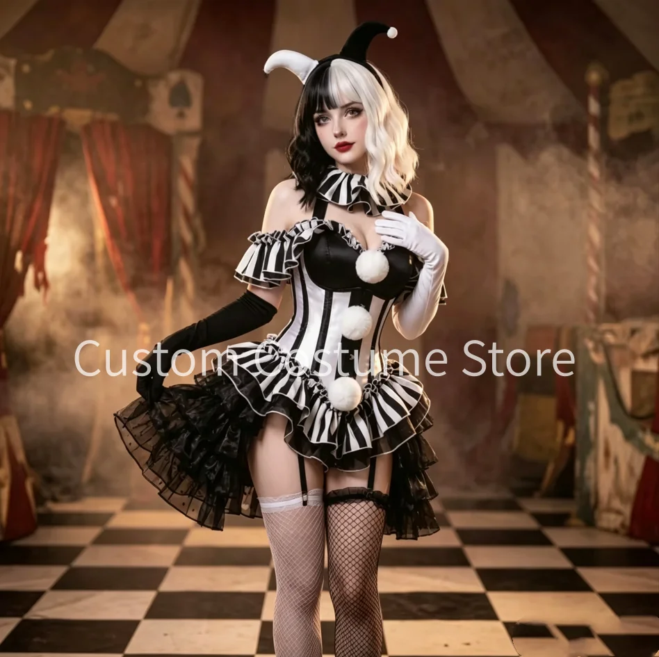 Schwarz-Weißes Zirkusclown-Dienstmädchen-Cosplay-Kostüm, Partykleid, Ballkleid, Gothic-Kleid mit Streifenmuster, Korsett, Damen-Halloween-Outfit, nach Maß gefertigt.
