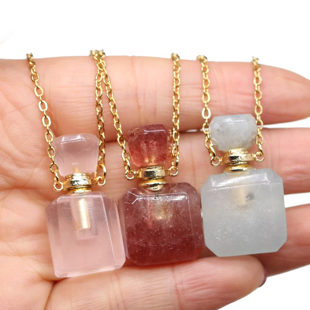 Natural Gem Fluorite Stone Perfume Bottle Pendant Essential Oil Diffuser Pendant Necklace for DIY Necklace Making  Jewelry