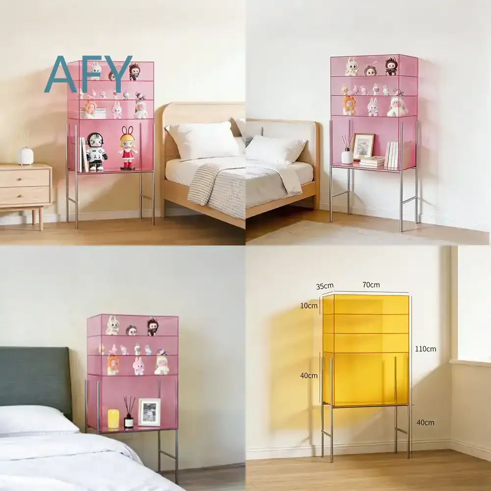 Acrylic Pink Floor Standing Display Rack for Living Room Storage and Showcase Stainless Steel Multi Tier Bookshelf Organizer