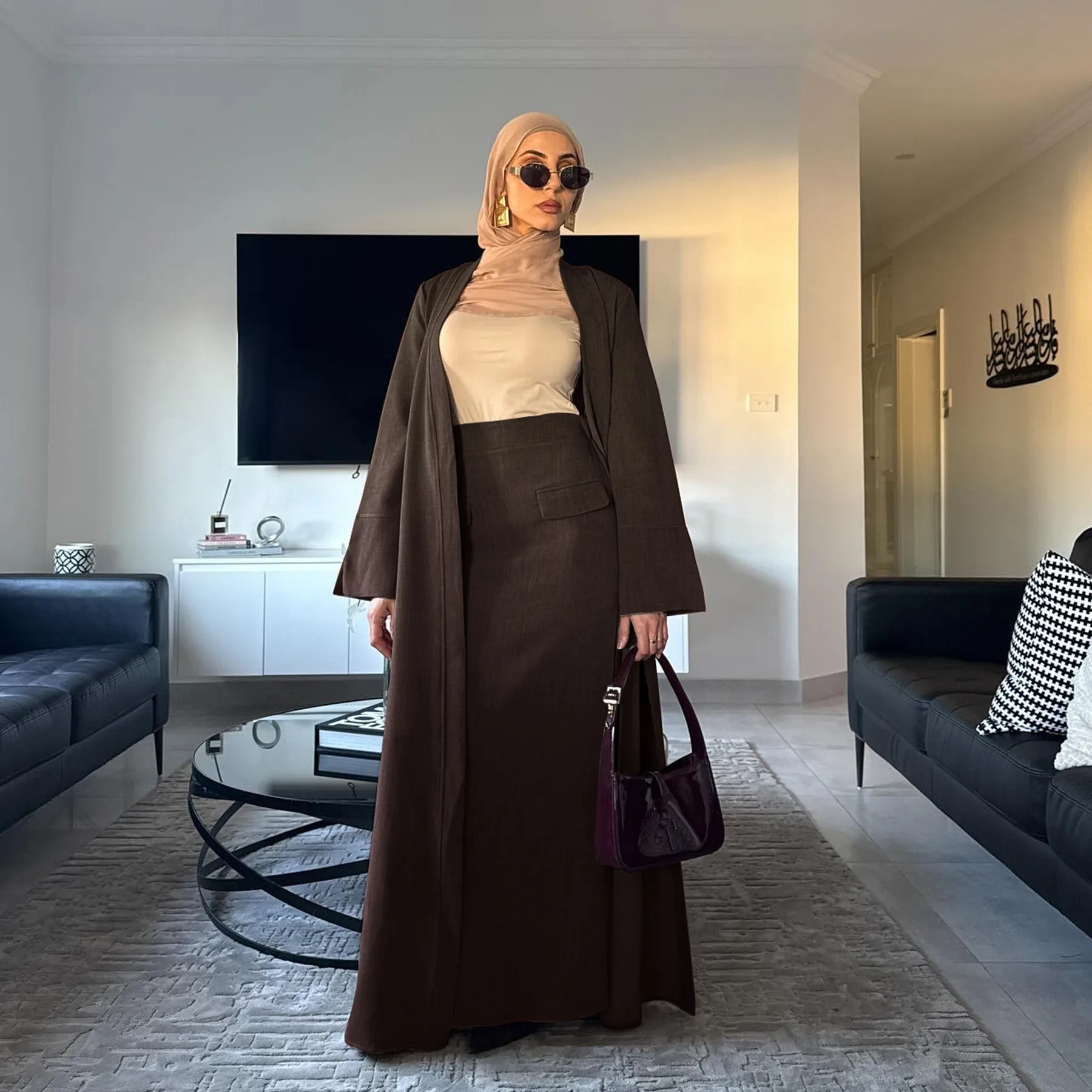 Eid Ensembles Musulmanes Femmes Kimono Cardigan Jupe 2 Pièces Robe Turquie Tenue Islam Vêtements Dubaï Abaya Costume Ensemble Femme Musulmane