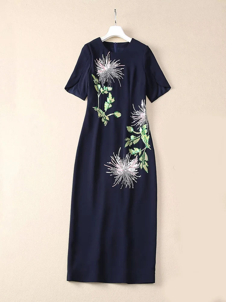 JUNLINNA ผู้หญิงด้านล่างชุด O-คอแขนสั้นกลับแยกปาร์ตี้วันหยุด Vestidos แฟชั่นเย็บปักถักร้อย