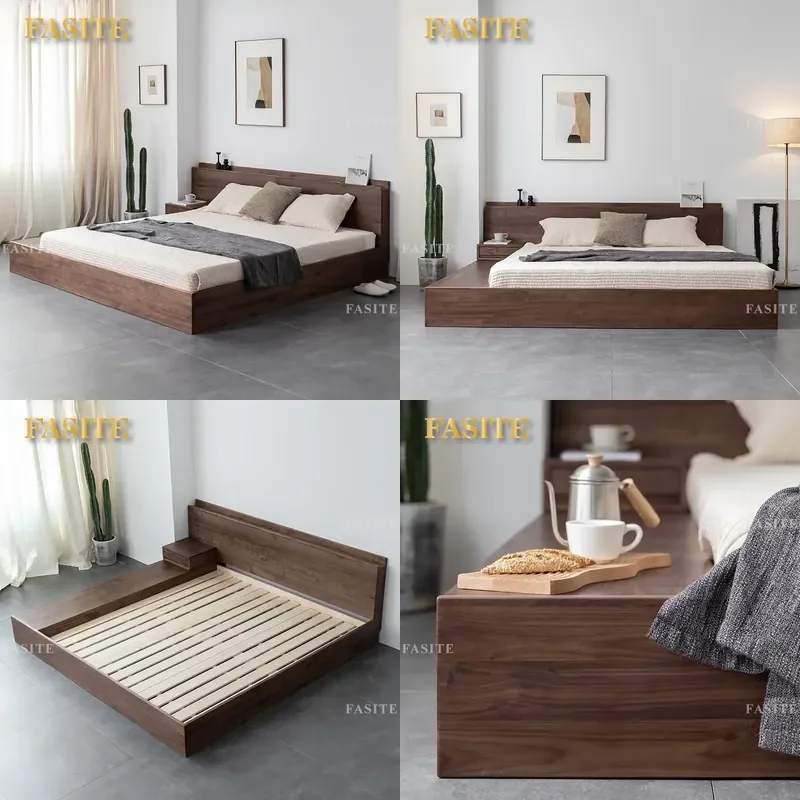 For Nordic Japanese Style Double Black Walnut Solid Wood Tatami Bed Floor to Ceiling Short Bed Simple Modern White