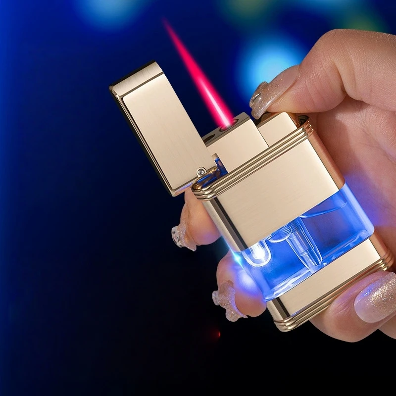 Metal Blue Light Visible Window Lighter Windproof Jet Red Flame Butane Gas Portable Cigarette Lighter for Men Smoking Small Tool
