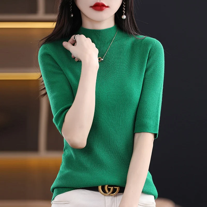 سترة نسائية محبوكة بقصة ضيقة من ort Sve بطبقة أساسية f ياقة عالية خمسة Sve Boting Yarn بسيطة تتطابق مع منتصف Sve...