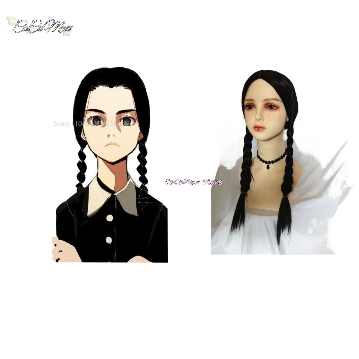 الأربعاء أدامز شعر مستعار تأثيري مقاومة للحرارة طويلة الضفائر السوداء حريري مستقيم الباروكات الاصطناعية مع الانفجارات لحزب الهالوين