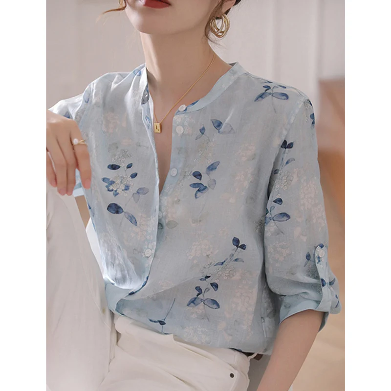 

Luxury Floral Print irt Women's Summer Top Korean Sle Stand Collar ort Sve Button Detail Straight Cut Silk Blend