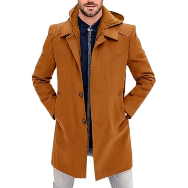 New Woolen Men's Coat Fake Two-Pieces Hooded Long Sleeve Solid Color Fashion Autumn Winter Jacket Coats