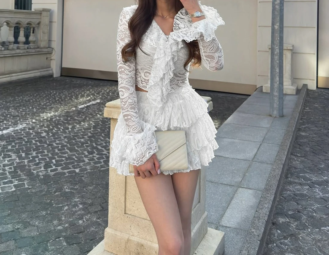 

Women's Clothing 2025 Autumn New Style Slim Fit Sexy Ruffle Edge Long Sleeved Lace Hollow Out Short Skirt Set