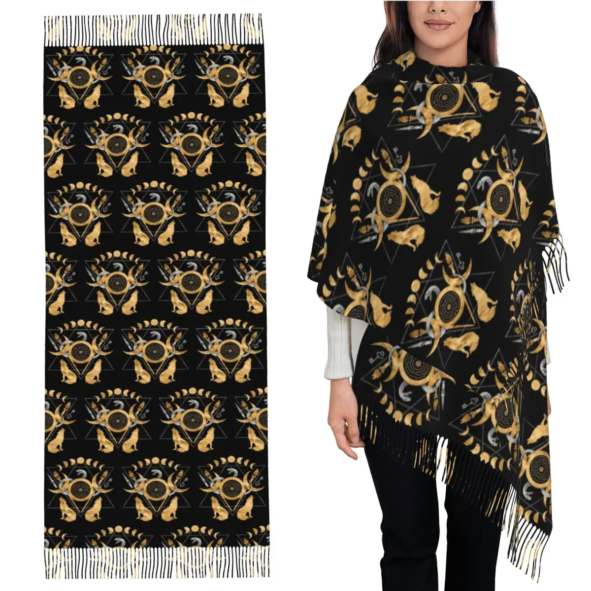 

Шарф с кисточками и символами геката для женщин, мягкие теплые шали и накидки, длинная осенне-зимняя шаль