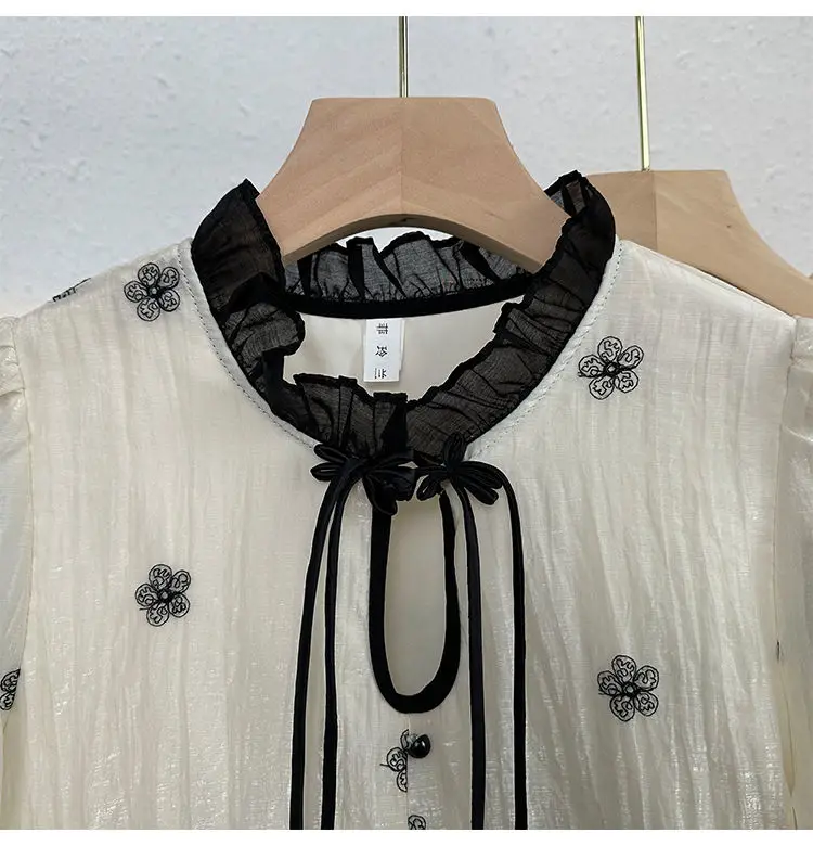 Fashionable Temperament Lace Shirt for Women in Spring and Autumn Fashionable Slimming Design Unique Wooden Ear Ribbon Top