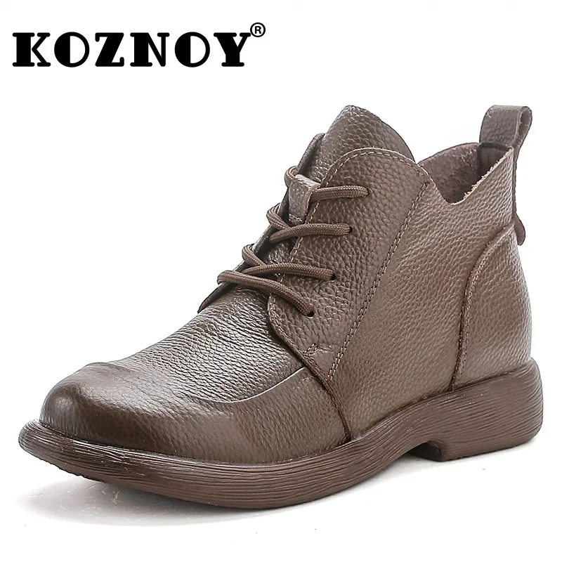 Koznoy 2.5cm mocassins de couro genuíno botas femininas senhoras botas retro bezerro vaca chaminé primavera outono inverno sapatos planos de pelúcia