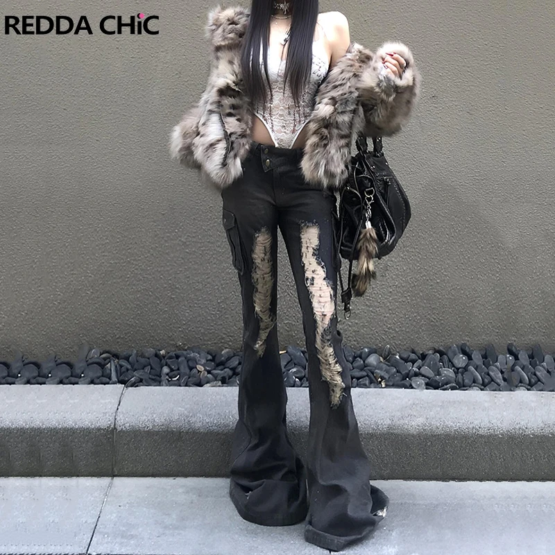 

REDDACHiC Women Destroyed Cargo Jeans Gyaru Y2k Distressed Low Waist Dual Button Slim Flare Pants Vintage Harajuku Streetwear