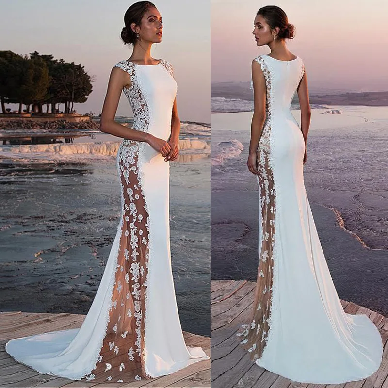 Elegant temperament evening dress with lace patchwork and extra long dress, sexy hollow out for women