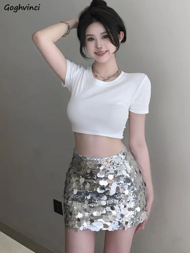 Two Piece Sets Women Ins Sequins Crop Tops Mini Skirts Vintage All-match Slim Sexy Temperament Ulzzang Fashion Mujer Summer Chic