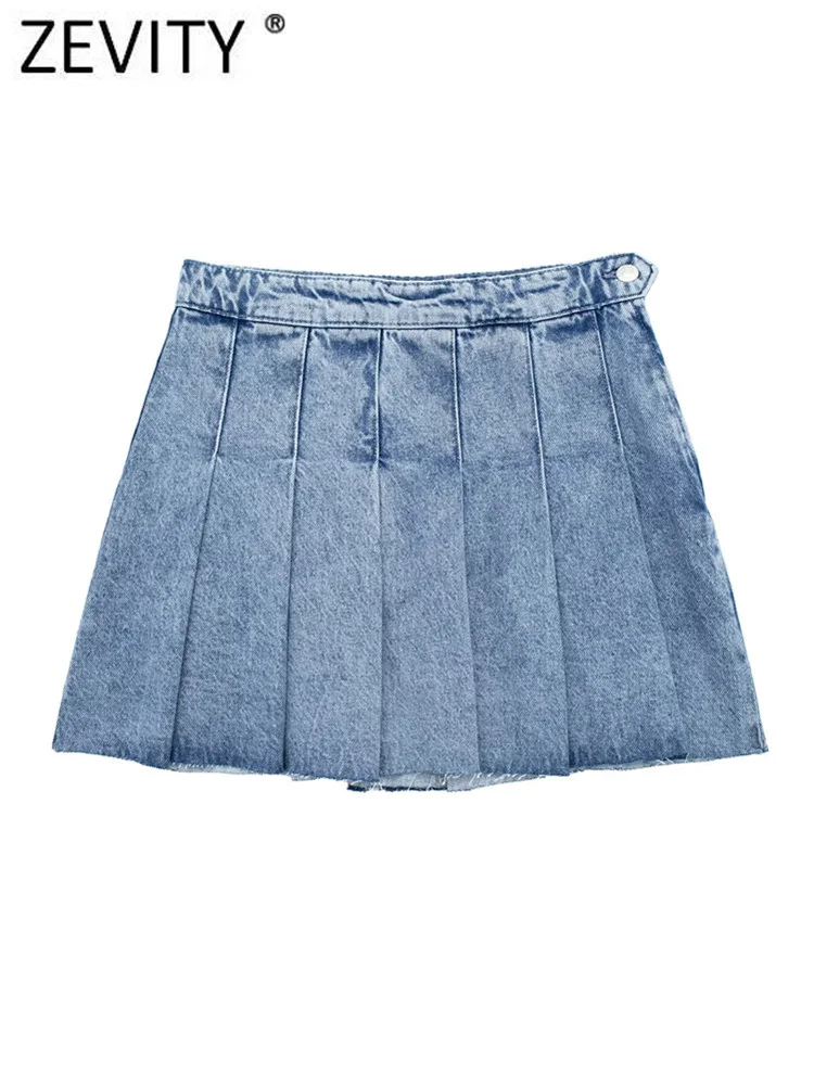 Zevity New Women Fashion Wide Pleated Denim Mini Skirt Faldas Mujer Female Chic Side Button Zipper Fly Summer Vestidos QUN3726