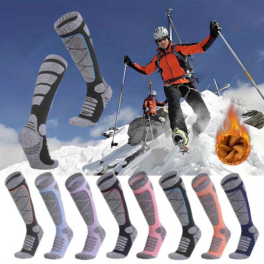 1 Pair of Classic Autumn and Winter Striped Ski Socks for Men and Women, Warm Long Style, Suitable for Skiing, Hiking,and Sports