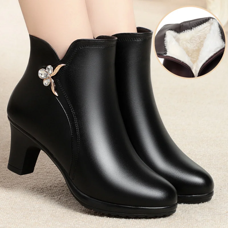 Autumn Winter New High-heeled Short Boots Women\'s Thick-heeled Ankle Boots High Heel Warm Cotton Plush Snow Boots