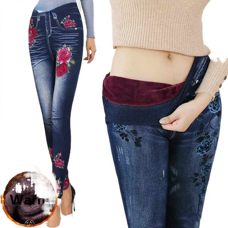 

Mom Warm Print Leggings Imitate Denim Winter Plush Velvet Lined Leggins Pants slim Trousers Thicken Ankle-length Legginsy Broek