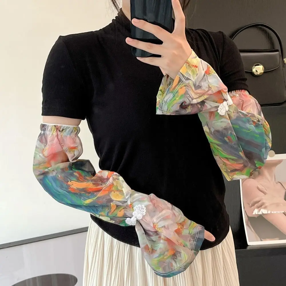 Chinese Style Buckle Printed Ice Silk Sleeves Anti-UV Flower Chiffon Sunscreen Sleeve Long-sleeved Glove Sun Protection