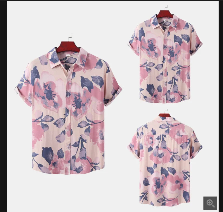 

Мужская повседневная подставка с отложным воротником и розовым тропическим принтом Fitort Sve irt Youth Fre без стирки