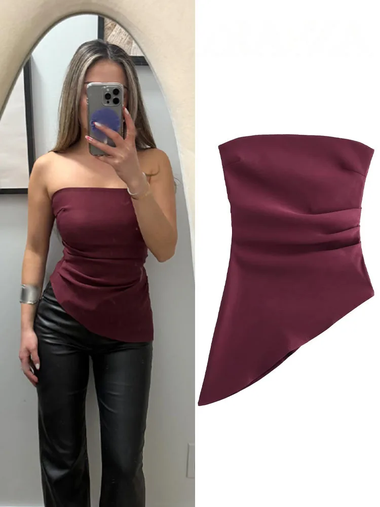 

HH Women's Pleated Decorated Asymmetric Off-Shoulder Sleeveless Top Female Fashion Sexy Zipper Streetwear Casual Bandeau Top