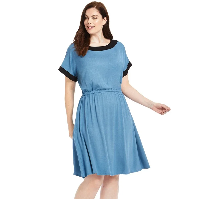 

Plus Size Short Sleeve Summer Elegant Fit And Flare Dress Women Color Block Elastic Waist Casual A-line Dress Office Dress 7XL