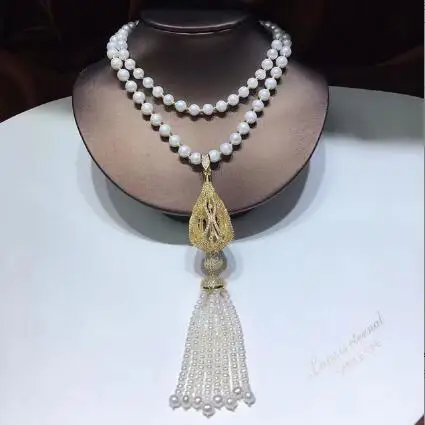 

925 silver 8-9mm natural freshwater Akoya pearl necklace zircon crystal gemjade tassels pendant accessories jewelry