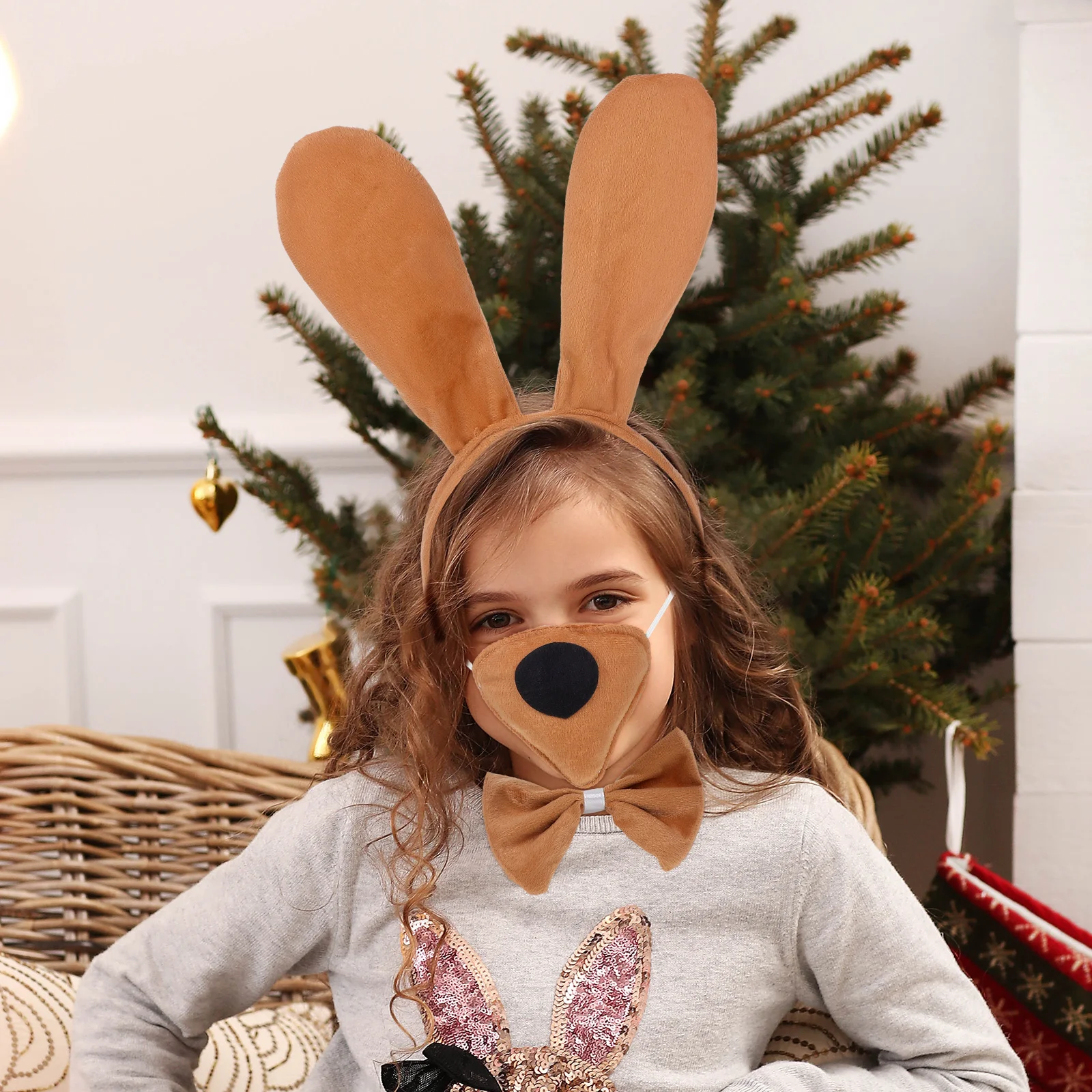 1Set Kids Puppy Kostuum Zachte Comfortabele Hond Oren Hoofdband Neus Staart Strikje Halloween Party Dress Up Animal Cosplay Set