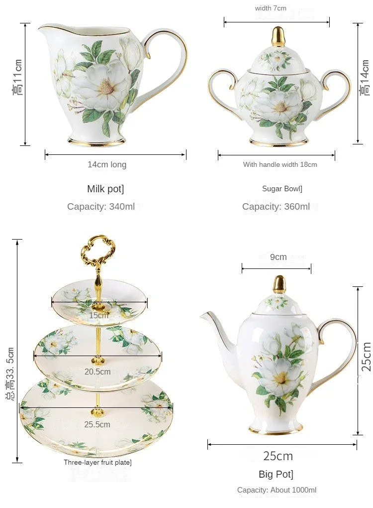 Bone China Coffee Set Camellia Style British Porcelain Tea Set Ceramic Pot Creamer Sugar Bowl Teatime Teapot Coffee Cup Mug