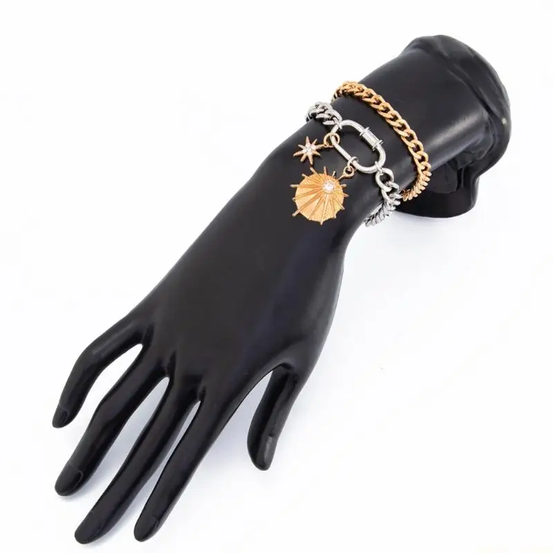 31BF 2xRhinestone Eight Point Star Pendant Bracelet Color Blocking Hand Chain Design