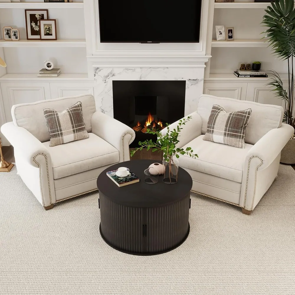 Mid Century Modern 31.5 Round Coffee Table with Fluted Design and Storage Shelf