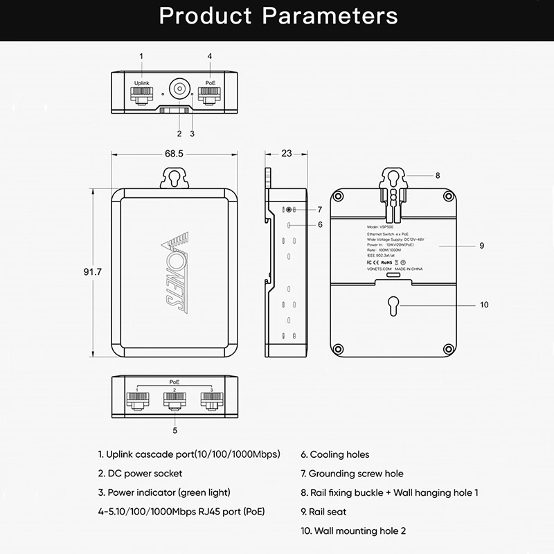 VONETS POE Mini Interruptor, Divisor, Hub Desviador, 5 Portas, Habitação De Metal, Monitoramento De Segurança, VSP500 Gigabit