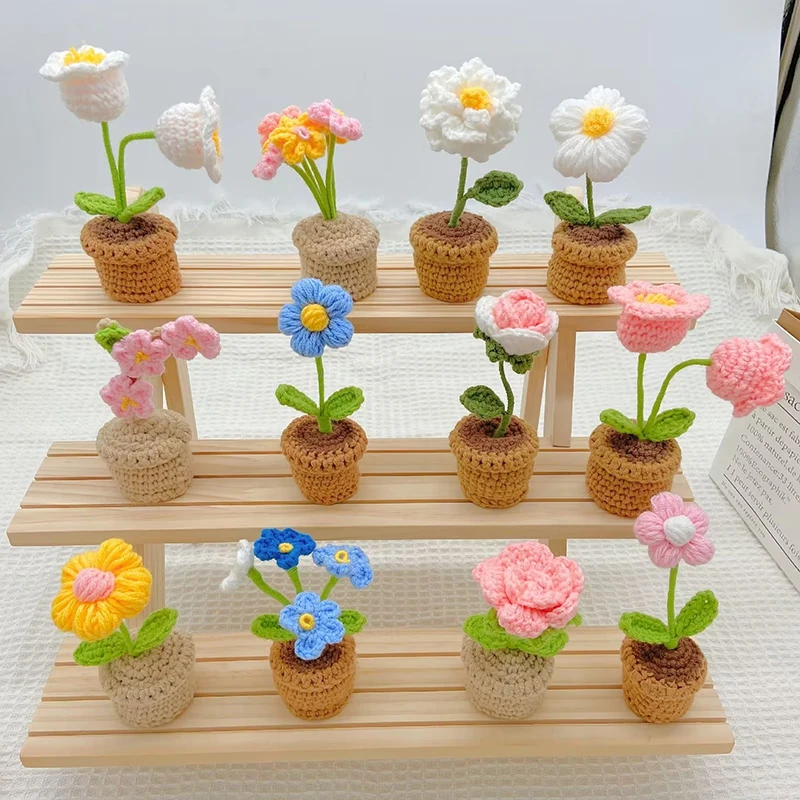 Gift for Girls Hand-Knitted Sunflower Tuilp Rose Crochet Flowers Potted Plants Finished Woven Artificial Flower Desktop Decor