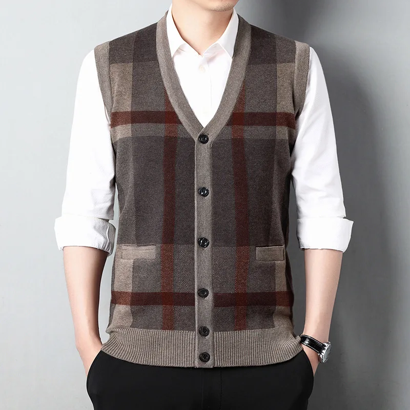 BROWON Brand Knitted Sweater Vest Men Autumn and Winter Fashion Plaid Print Mens Sweater Casual Daily Slim Fit Cardigans Clothes