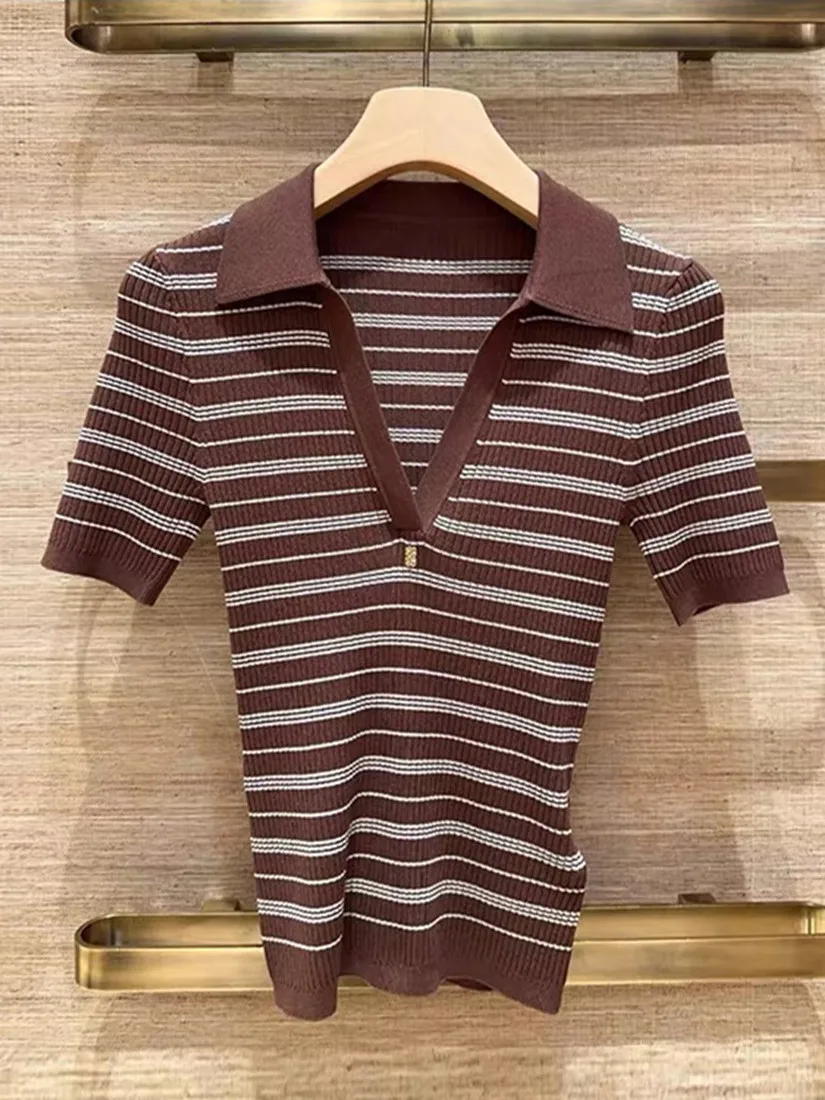 

Elegant French Style Knitted Neck Short Sleeve Slim Fit Women's T-Shirt Elasticity Comfortable Breathable Summer Top