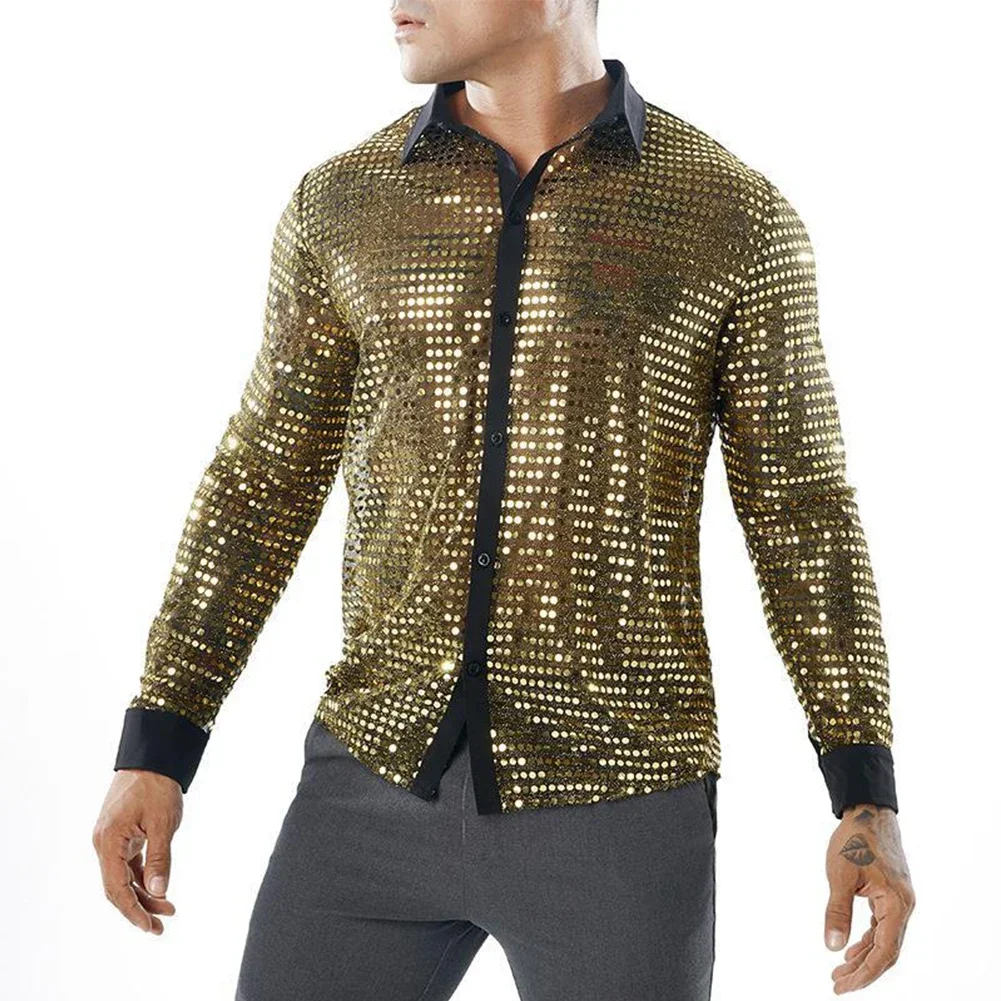 2023 Fashion Mens Sparkly Sequins Party Dance Shirts Retro 70s Disco Nightclub Shirt Tops Single Breasted Performance Clothing