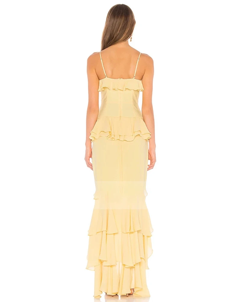 Robe de soirée sirène personnalisée pour femmes, robe de Rhjaune crème, bretelles spaghetti, volants chérie, 2024