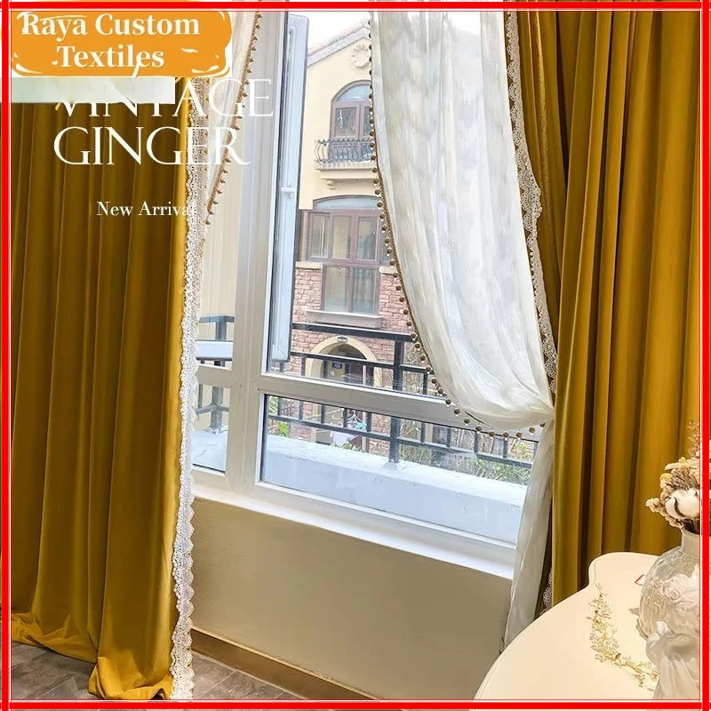 

French Ginger Velvet Luxury Blackout Curtains for Living Room Bedroom Vintage Thick Fabric Flannel Fashion Lace Tulle Custom