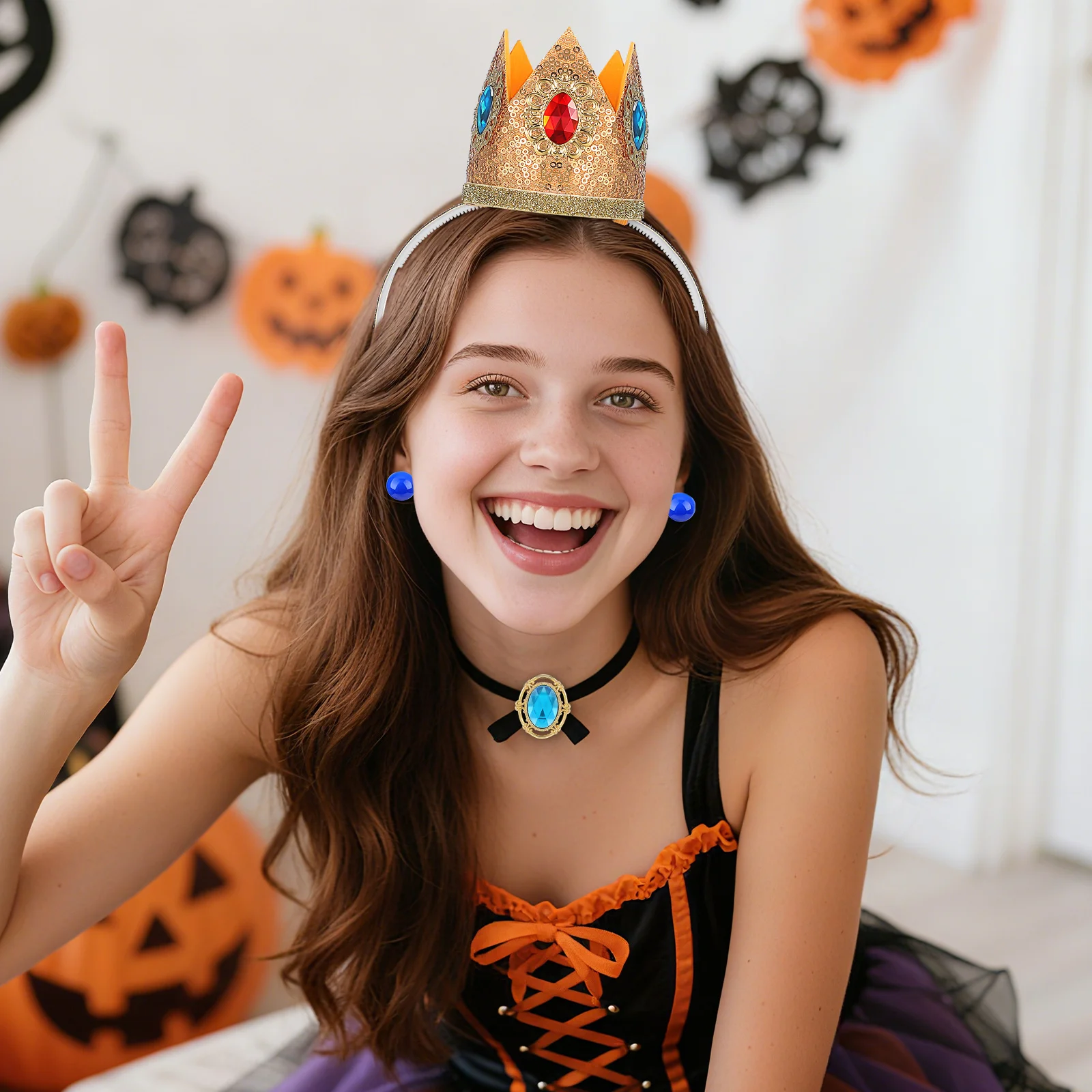 1Set Princess Costume Accessories Crown Hair Hoop Earrings Gloves Brooch Perfect for Birthday Party Cosplay Performance Supplies