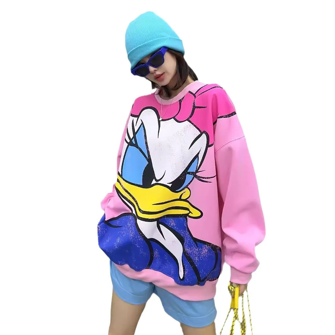 Graffiti Cartoon Duck Pattern Hoodies Women Mid-Length Autumn Clothing Loose Round Neck Drop-Shoulder Sleeve Casual Sweatshirts